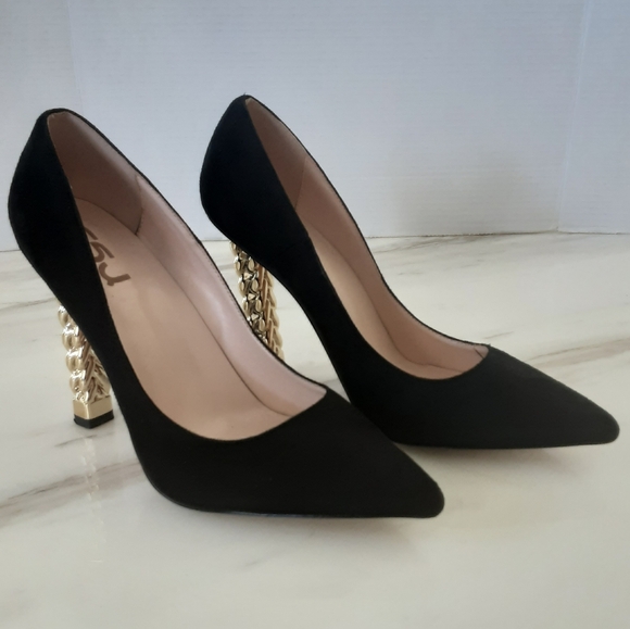 FSJ Trendy Pointed Toe High Heel Gold Metal Chain Pumps Sz 11 - Picture 2 of 10